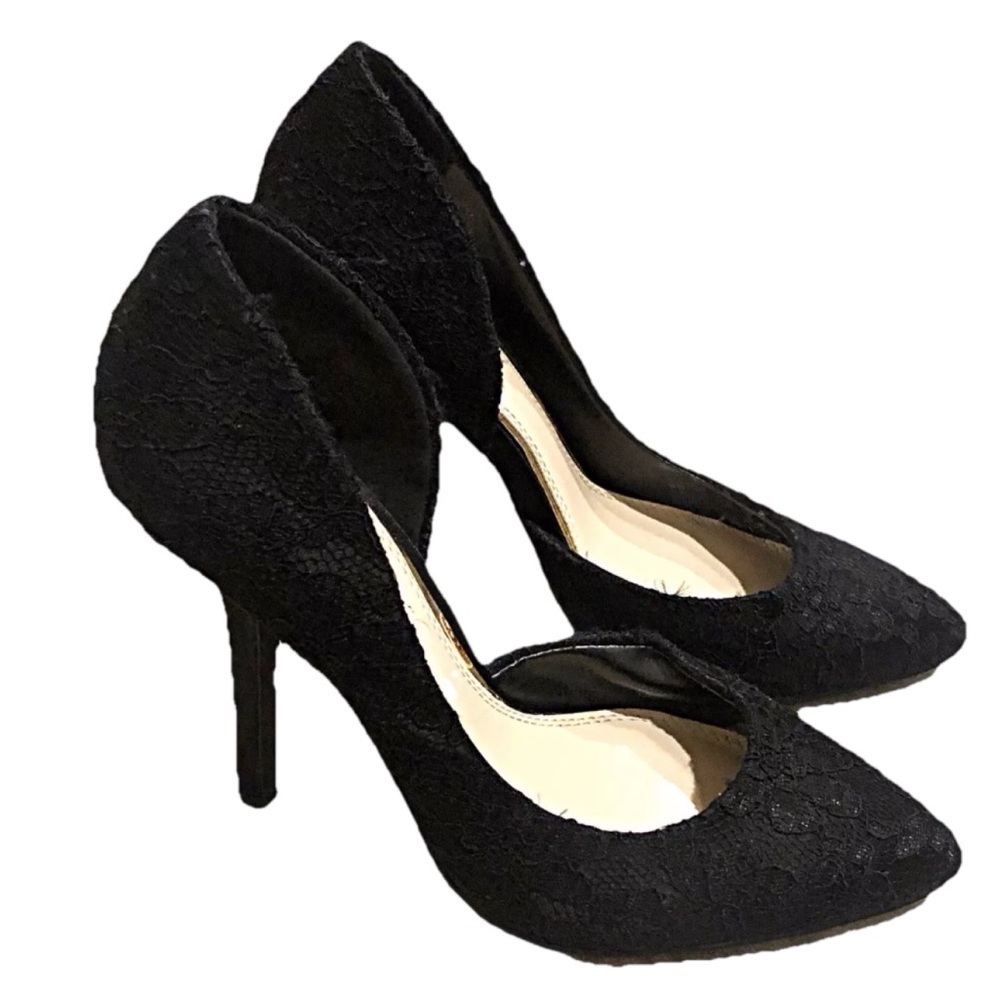 BCBG Paris D’Orsay slip on solid black lace floral heels size…